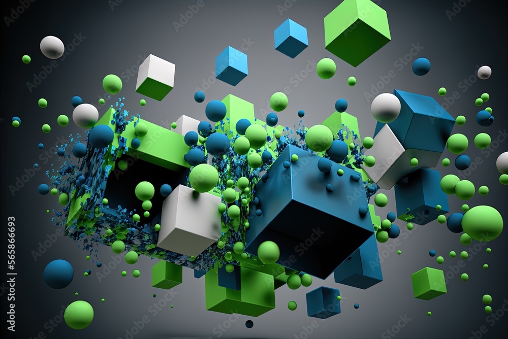 Poster a swarm of blue and green cubes and balls in flight, in an abstract composition generative ai
