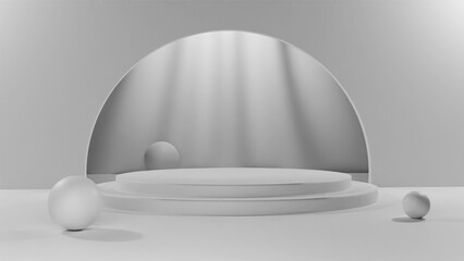 3 podium rendered white style with ball and curtain for product display presentation.