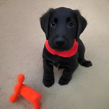 Perro labrador. Cachorro negro con una bufanda roja, jugando en la calle con su mu&ntilde;eco rojo Generado con inteligencia artificial (AI) (IA)