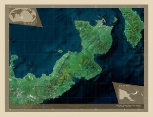 East New Britain, Papua New Guinea. High-res satellite. Labelled points of cities