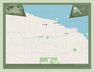 East Sepik, Papua New Guinea. OSM. Labelled points of cities