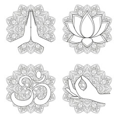 Collection of buddhism symbols on ornate background - namaste, lotus flower, aum, gyan mudra. Illustration on transparent background - obrazy, fototapety, plakaty