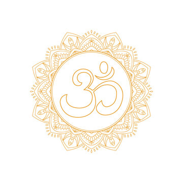Aum symbol on the ornate golden frame. Illustration on transparent background