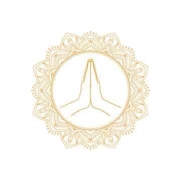 recommend clip art: Namaste symbol on the ornate golden frame. Illustration on transparent background