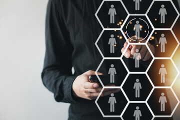 Target customer, buyer persona, marketing segmentation, job recruitment concept. Working on computer focusing on outstanding person.
