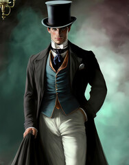 Mysterious Victorian man in top hat and suit. Made with Generative AI