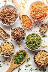 A variety of fusilli pasta from different types of legumes. Gluten-free pasta.