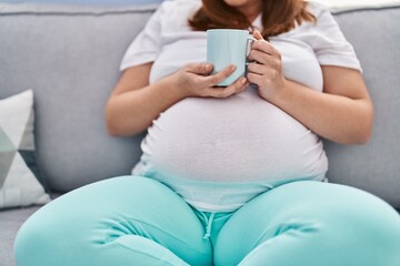 Young pregnant woman drinking coffee sitting on sofa at home