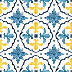Tapeten Watercolor seamless pattern consisting of yellow and blue Mediterranean tiles and elements. Hand painted traditional illustration isolation on white background for design, print, fabric or background. © yuliya_derbisheva