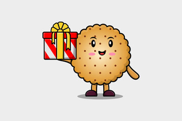 Cute cartoon Cookies character holding gift box in vector icon illustration