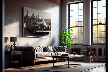 Living room interior in loft industrial style. Generative AI