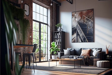 Living room interior in loft industrial style. Generative AI