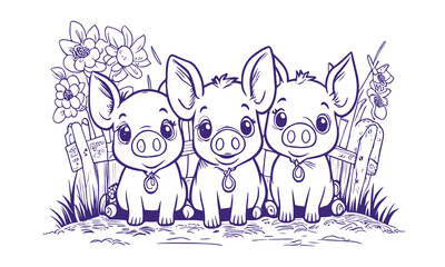 Three little cute pigs sit near the fence and look ahead. Three little pigs on a farm vector linear illustration for Coloring pages.