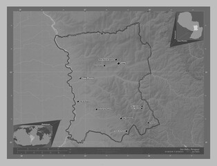 San Pedro, Paraguay. Grayscale. Labelled points of cities