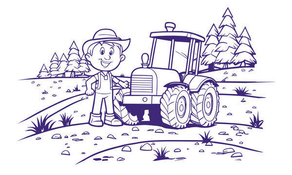 Cute drawn farmer man in a hat near the tractor in the field. Farmer and tractor in the field vector linear illustration for Coloring pages.