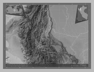 Amazonas, Peru. Grayscale. Labelled points of cities