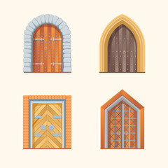 Cartoon Color Different Antique Medieval Wooden Door Icons Set Entrance Concept Flat Design Style. Vector illustration