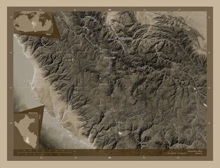 Ayacucho, Peru. Sepia. Labelled points of cities