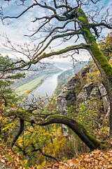 The bizarre landscape of the Bastei in Saxon Switzerland on the banks of the Elbe River.