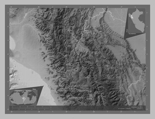 Cajamarca, Peru. Grayscale. Labelled points of cities