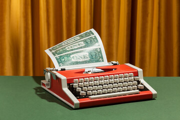 Vintage Typewriter Printing Sheets Of Dollars, Money printing concept