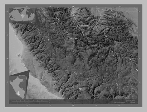 Ayacucho, Peru. Grayscale. Labelled points of cities