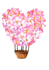 Hot Air Balloon In The Shape Of A Heart. Hand Drawn Illustration.