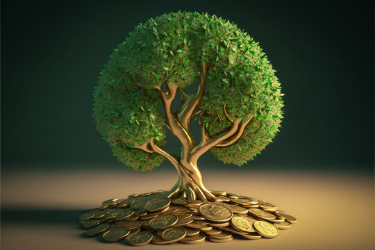 Golden tree with coins money investment and financial success concept.