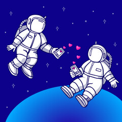 Two cute astronauts in love are exchanging messages. Vector color illustration for Valentine's Day.