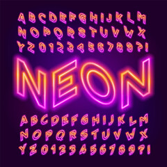 3D Isometric Neon alphabet font. Two neon colors letters and numbers. Stock vector typescript for your design.