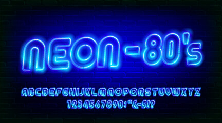 Neon-80s alphabet font. Neon colors letters and numbers. Stock vector typescript for your design.