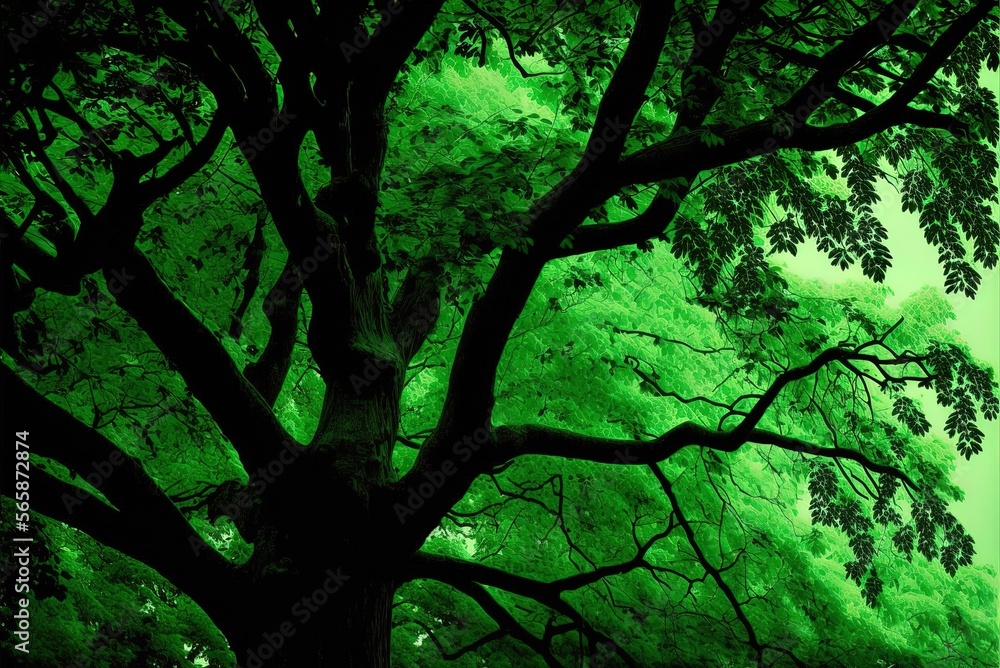 Poster image of a tree in green on a white backdrop. generative ai