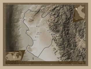 Piura, Peru. Sepia. Labelled points of cities