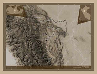 San Martin, Peru. Sepia. Labelled points of cities
