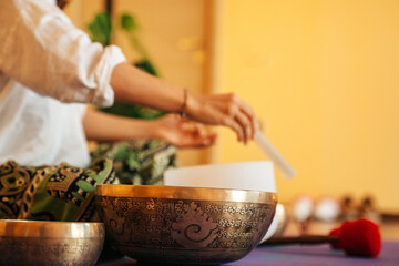 close up Tibetan singing bowl in sound therapy