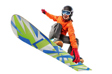 Snowboarder jumping through air with isolated background. Winter Sport transparent background.	