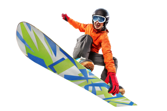 Snowboarder jumping through air with isolated background. Winter Sport transparent background.	