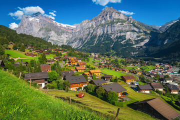 Beautiful mountain resort view with high mountains in background, Grindelwald