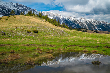 Fototapeta na wymiar Snowy mountain ridge reflection on the small lake, Carpathians, Romania