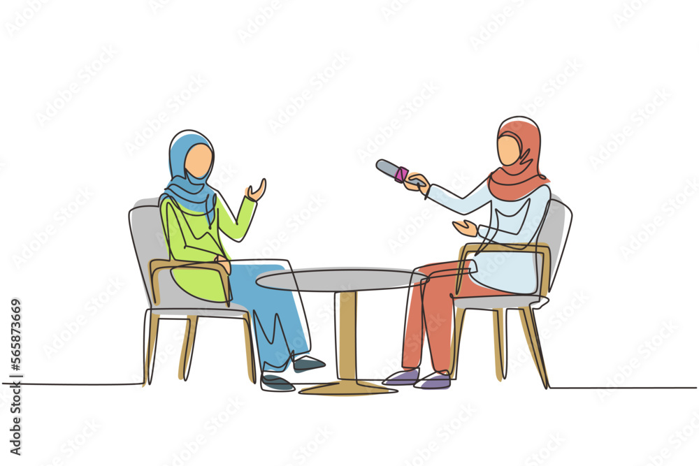 Poster single one line drawing talk show studio with interviewing, discussing hosts. people recording tv pr