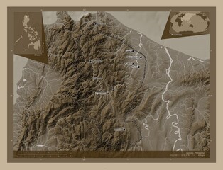 Apayao, Philippines. Sepia. Labelled points of cities