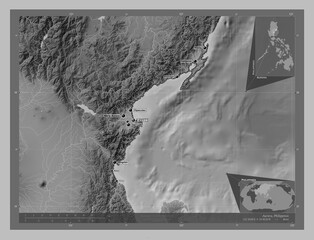 Aurora, Philippines. Grayscale. Labelled points of cities