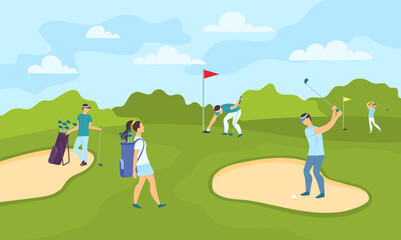 Cartoon Color Characters People Playing Golf on Course Sport Club Concept Flat Design Style . Vector illustration