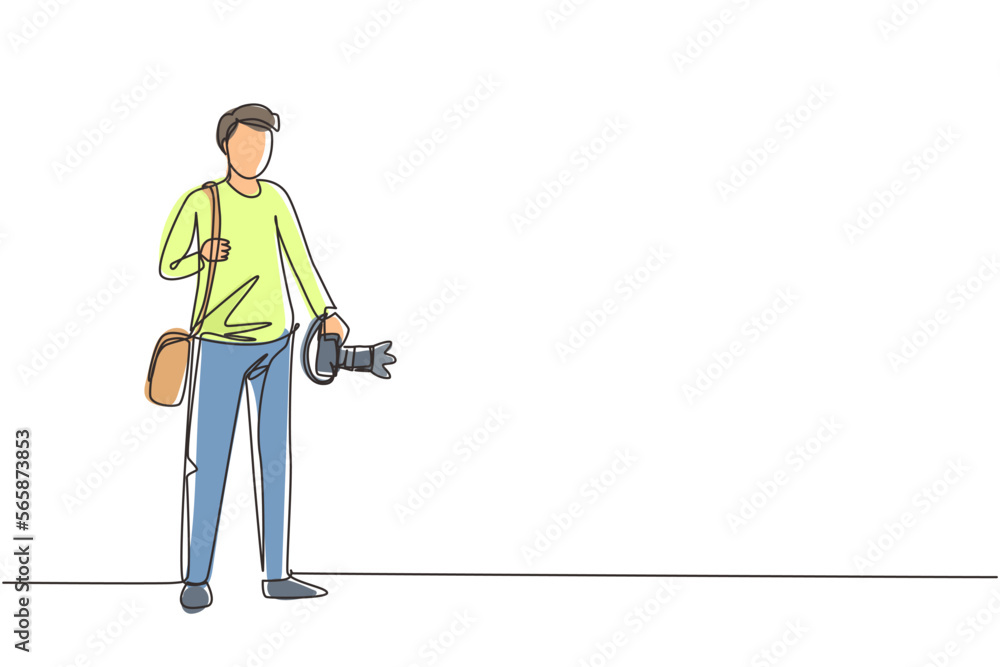 Poster single continuous line drawing hipster photographer with holding camera in photo studio. photographe