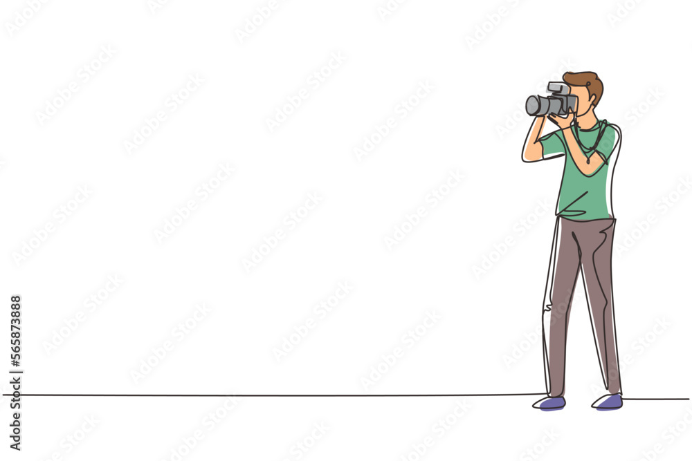 Poster single one line drawing happy professional photographer taking photo using dslr camera. young male c
