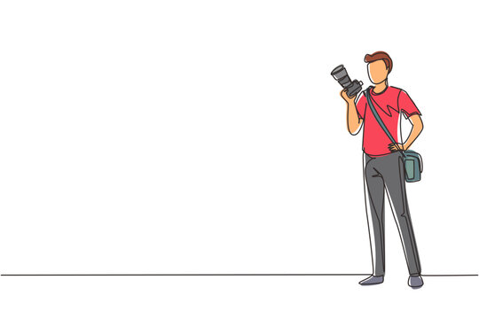 Continuous one line drawing paparazzi and journalist occupation, standing with digital camera and sling bag. Professional photographer taking pictures. Single line draw design vector illustration