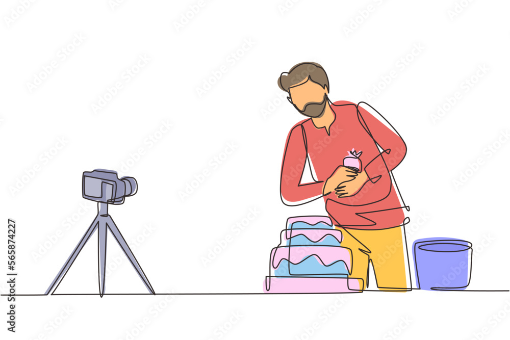 Poster single one line drawing food blogger creating content. arab man shooting cooking video using camera 