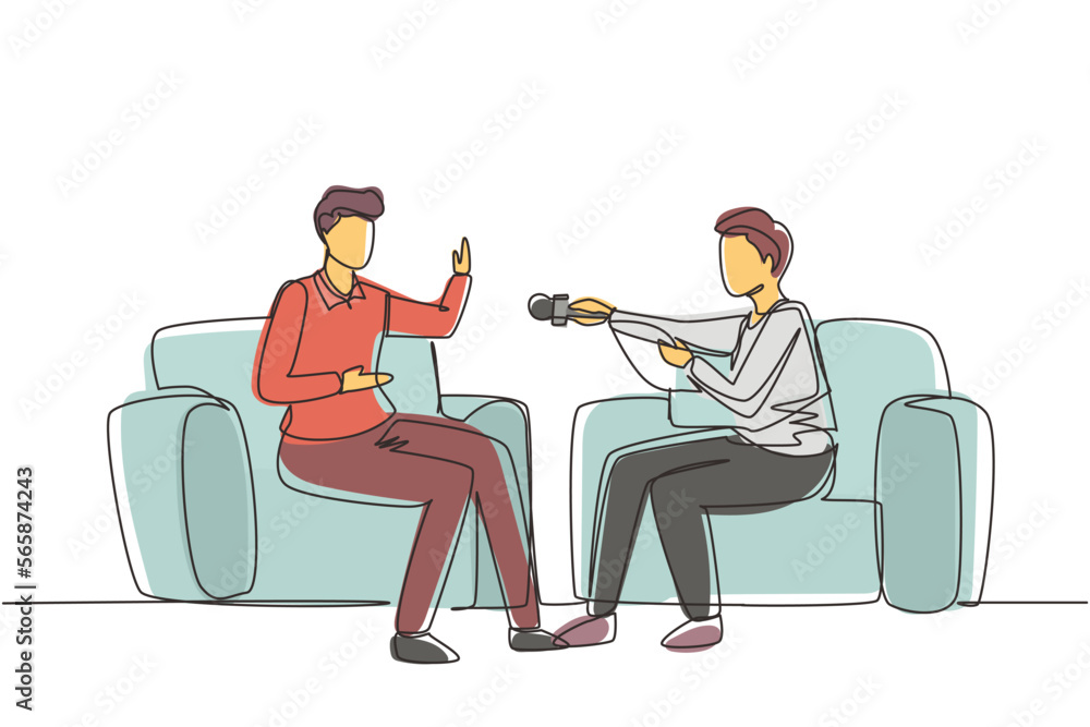 Poster single one line drawing interview with famous person. television or internet broadcast where a journ