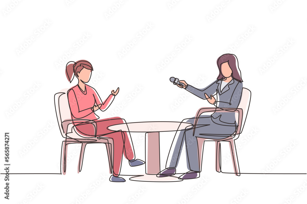 Poster continuous one line drawing talk show studio with interviewing, discussing hosts. people recording t