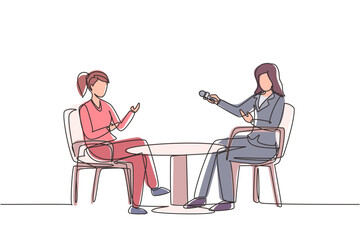 Continuous one line drawing talk show studio with interviewing, discussing hosts. People recording tv program, woman journalist questioning guest star. On air news. Single line draw design vector